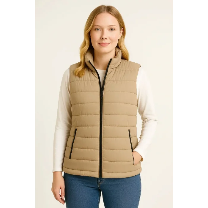 Luz&Pos Kadın Şişme Fermuarlı Yelek Su İtici Kapitone Astarlı Kumaş Cepli Hafif Kışlık Spor Rahat Kalıp - Bej