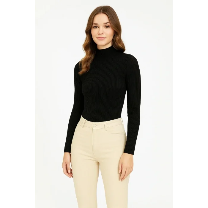 Luz&Pos Kadın Tam Boğazlı Fitilli Likrali Koşkorse Badi - Siyah