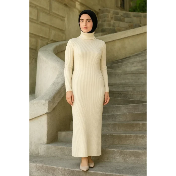 Luz&Pos Kadın Tesettür Triko Elbise – Boğazlı Uzun Fitilli Dokuma, Esnek Tam Kalıp, 130 Cm Midi Boy, Bahar & Kış Şık Rahat Stil - Beyaz