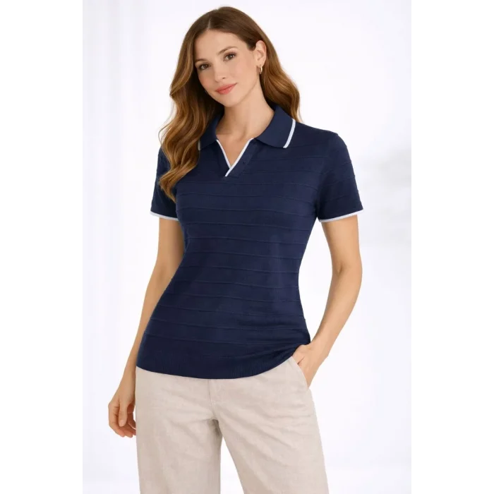 Luz&Pos Kadın Triko Kumaş Yakalı Düğmesiz Açık Yaka Fitilli Kısa Kollu Regular Fit Tişört T-shirt - Lacivert