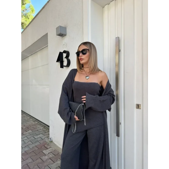 Luz&Pos Kadın Triko Üçlü Takım - Füme