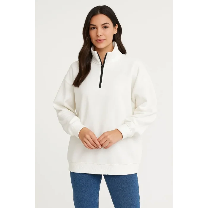 Luz&Pos Kadın Üç İplik Dık Yaka Yarım Fermuarlı Sweatshirt - Beyaz