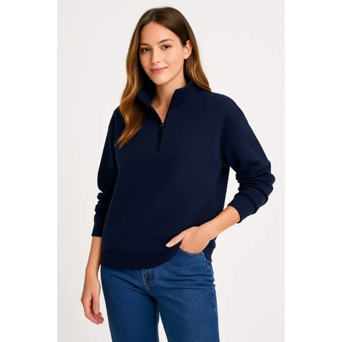 Luz&Pos Kadın Üç İplik Dık Yaka Yarım Fermuarlı Sweatshirt - Lacivert