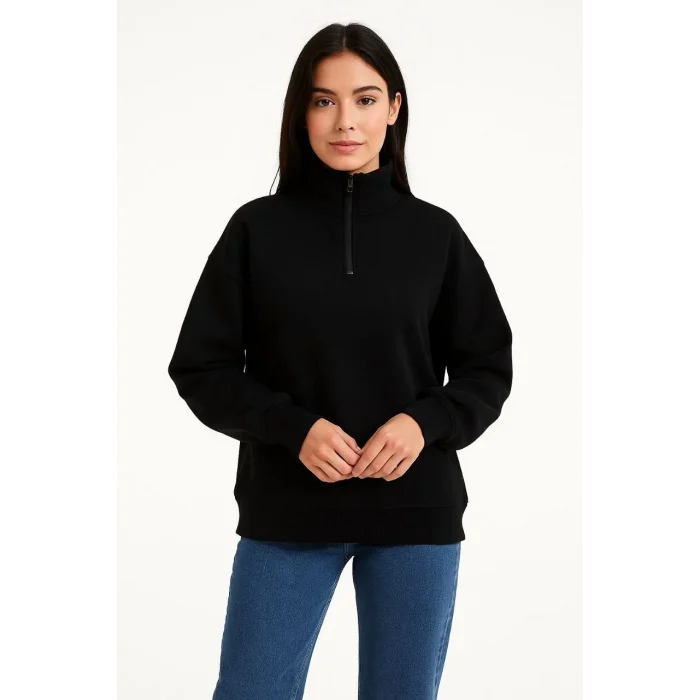 Luz&Pos Kadın Üç İplik Dık Yaka Yarım Fermuarlı Sweatshirt - Siyah