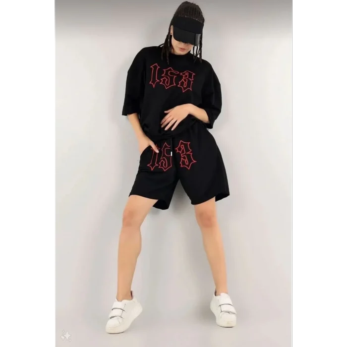 Luz&Pos Kadın Unisex Nakış İşlemeli Şort Takım - Siyah