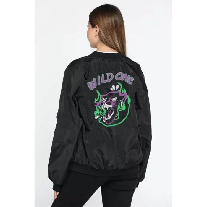Luz&Pos Kadın Wild One Baskılı Bomber Mont – Siyah Renk, Oversize Rahat Kalıp, Fermuarlı, Cepli, Günlük Şık Kapitone Mont - Siyah