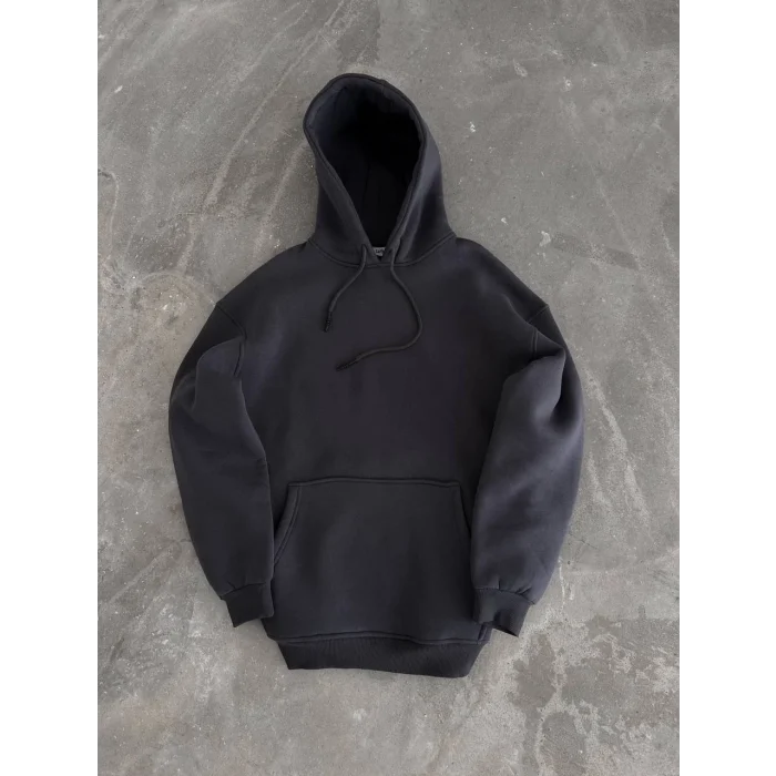 Luz&Pos Kapüşonlu Üç İplik Penye Basic Sweatshirt - Füme