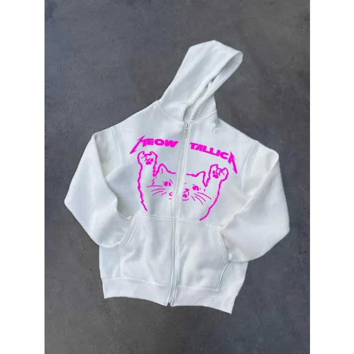 Luz&Pos Kışlık Baskılı Fermuarlı Kapüşonlu Hırka - Beyaz