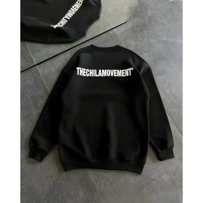 Luz&Pos Kışlık Bisiklet Yaka Oversize Baskılı Sweatshirt - Siyah