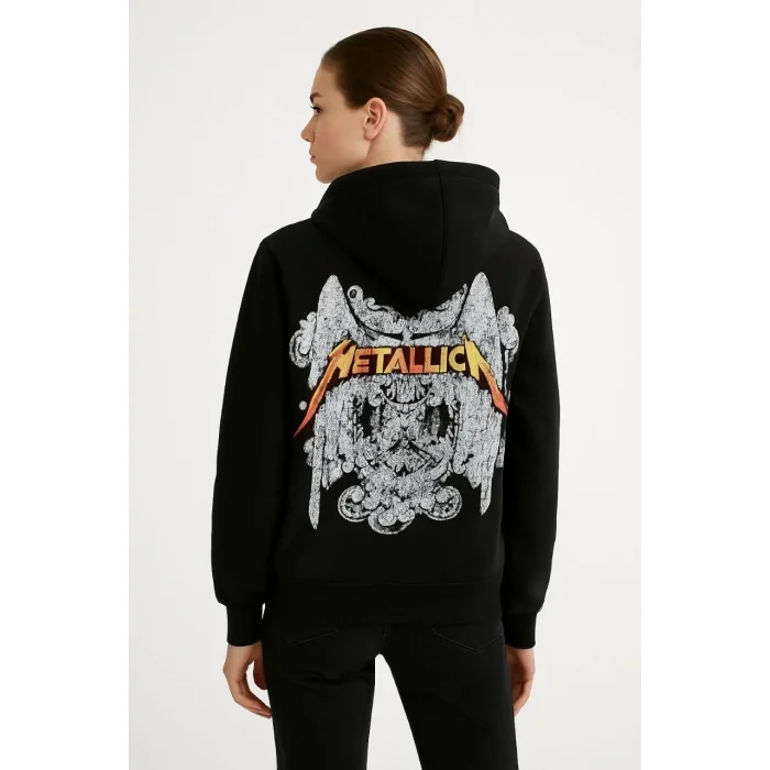 Luz&Pos Metallica İki İplik Kapüşonlu Ön Ve Arka Baskılı Hoodie - Siyah