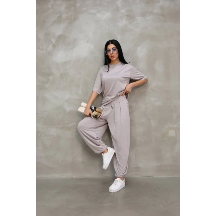 Luz&Pos Osy Modal Yumuşak Dokulu Kumaş Oversize Bisiklet Yaka T-shirt Jogger Eşofman Altı Eşofman Takımı - Gri