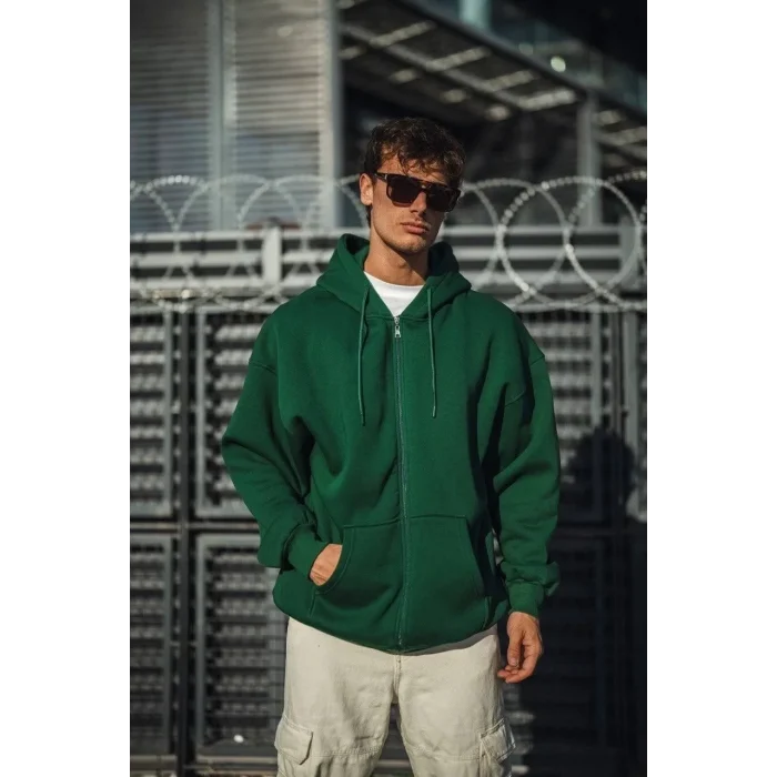 Luz&Pos Oversize Tam Fermuarlı Uzun Kol Hırka - Haki