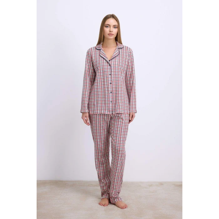 Luz&Pos Pamuklu Uzun Kol Düğmeli Gömlek Ve Ekose Pantolon Pijama Takımı