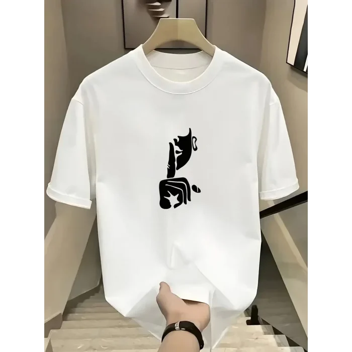 Luz&Pos Rahat Bisiklet Yaka Tişört, Yaratıcı Karikatür Baskı - Yumuşak Polyester, Her Mevsim Giyilebilir- Beyaz