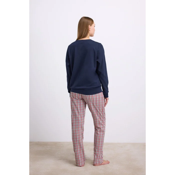 Luz&Pos Rahat Ve Şık %100 Pamuklu Uzun Kol Sweatshirt Ve Ekose Pantolon Pijama Takımı