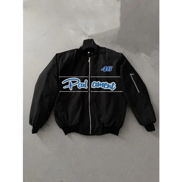 Luz&Pos Siyah Parliament Bomber Mont – 46 Numara Detaylı, Fermuarlı, Cepli, Uzun Kollu, Spor Ve Günlük Giyim İçin Rahat Unisex Mont - Siyah