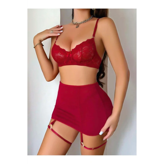 Luz&Pos Transparan Kırmızı Dantel İşlemeli Fantezi Bacak Bantlı Etekli Jartiyer Takımı