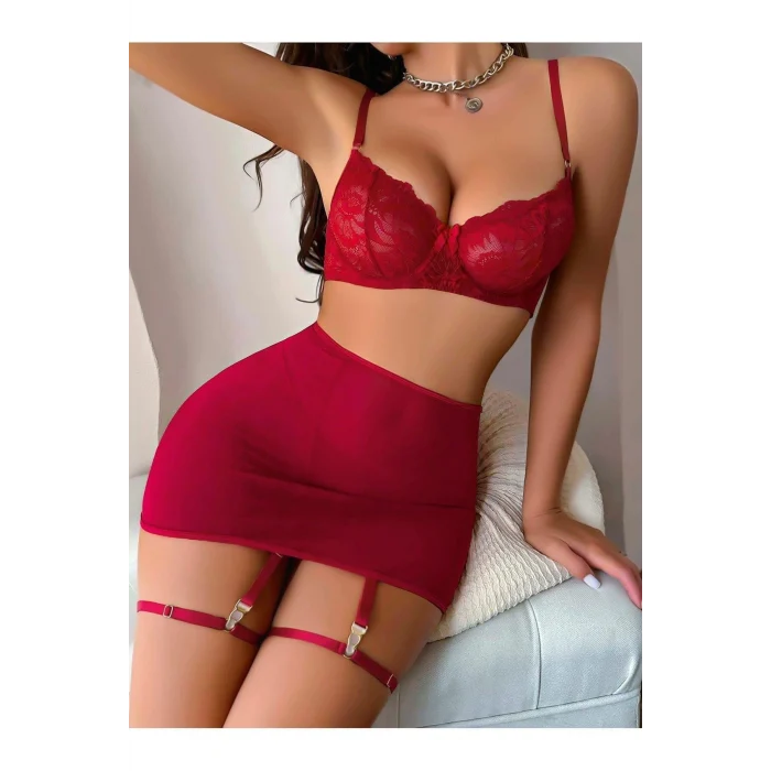 Luz&Pos Transparan Kırmızı Dantel İşlemeli Fantezi Bacak Bantlı Etekli Jartiyer Takımı