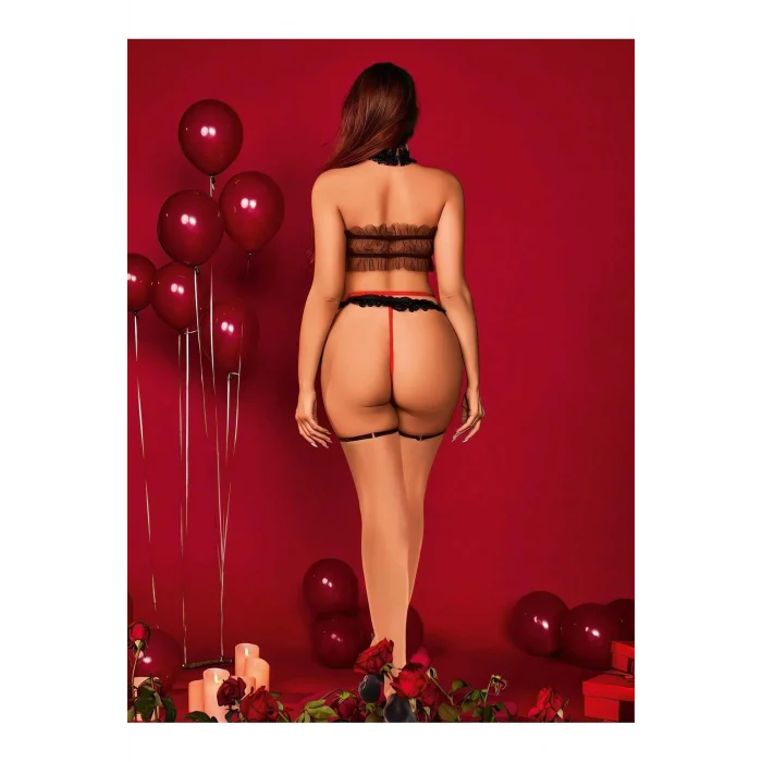 Luz&Pos Transparan Siyah-kırmızı Fantezi Bacak Bantlı Sütyen Külot Takımı