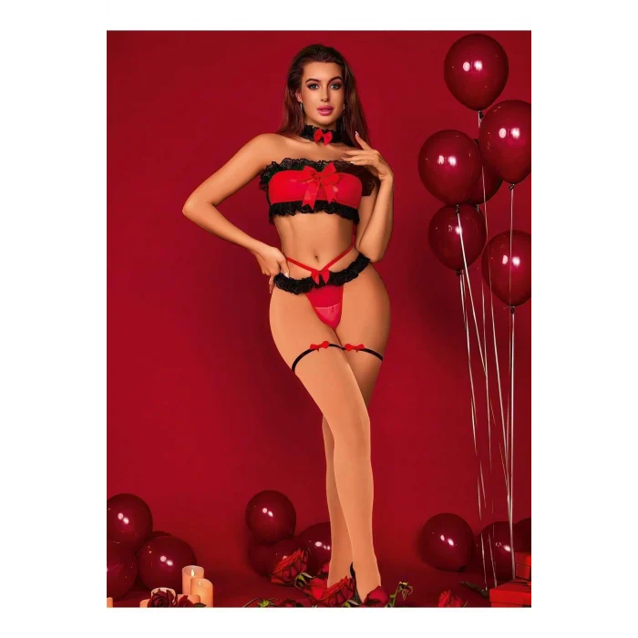 Luz&Pos Transparan Siyah-kırmızı Fantezi Bacak Bantlı Sütyen Külot Takımı