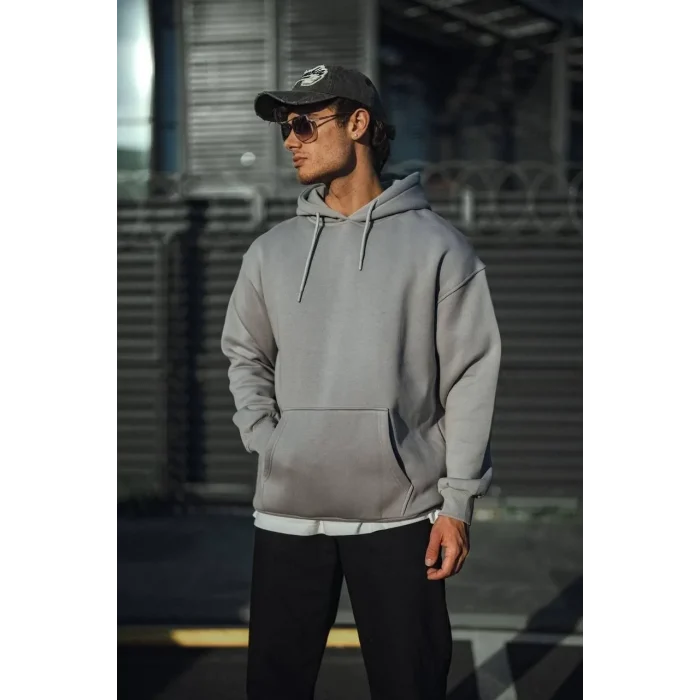 Luz&Pos Üç İplik Penye Kapşonlu Basic Sweatshirt - Boyalı Gri