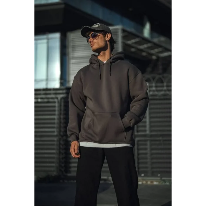 Luz&Pos Üç İplik Penye Kapşonlu Basic Sweatshirt - Füme