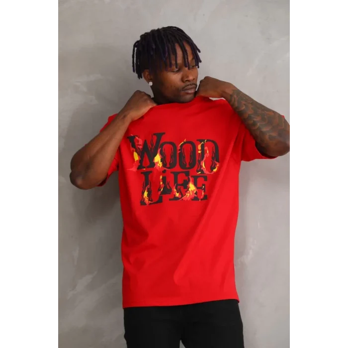 Luz&Pos Unisex Baskılı Oversize T-shirt - Kırmızı