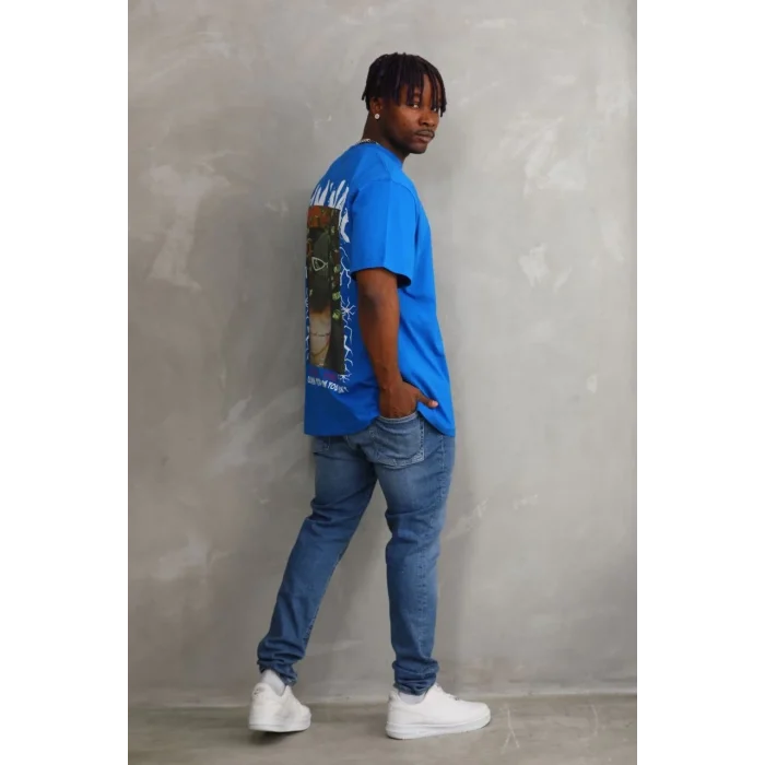 Luz&Pos Unisex Baskılı Oversize T-shirt - Mavi