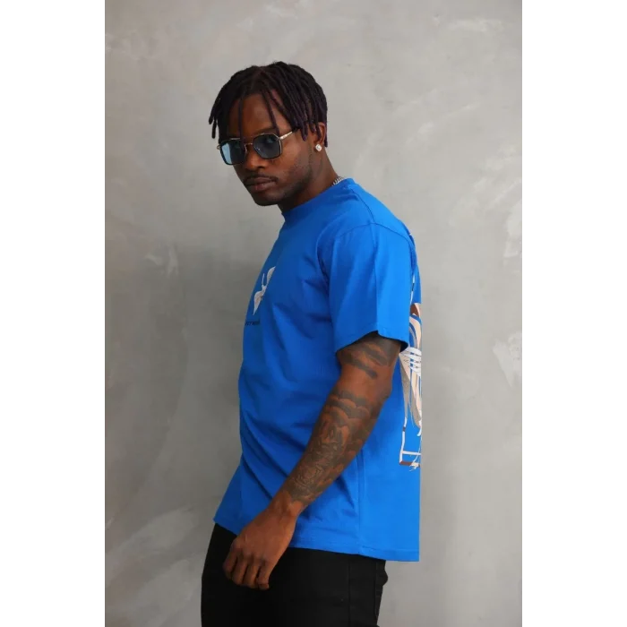 Luz&Pos Unisex Baskılı Oversize T-shirt - Mavi