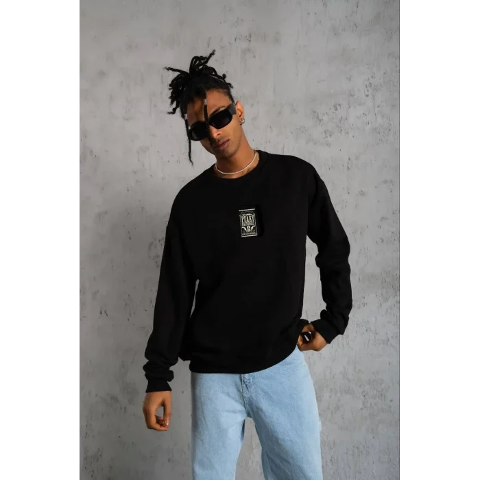 Luz&Pos Unisex Bisiklet Yaka Baskılı Oversize Sweatshirt - Siyah