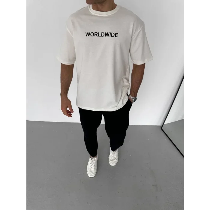 Luz&Pos Unisex Bisiklet Yaka Baskılı Oversize T-shirt - Beyaz