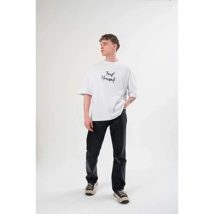 Luz&Pos Unisex Bisiklet Yaka Baskılı Oversize T-shirt - Beyaz