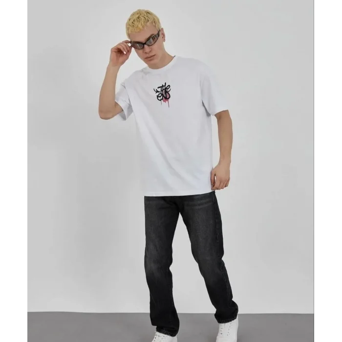 Luz&Pos Unisex Bisiklet Yaka Baskılı Oversize T-shirt - Beyaz