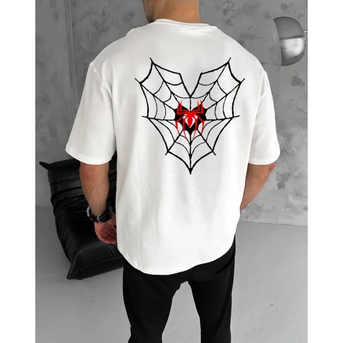 Luz&Pos Unisex Bisiklet Yaka Baskılı Oversize T-shirt - Beyaz