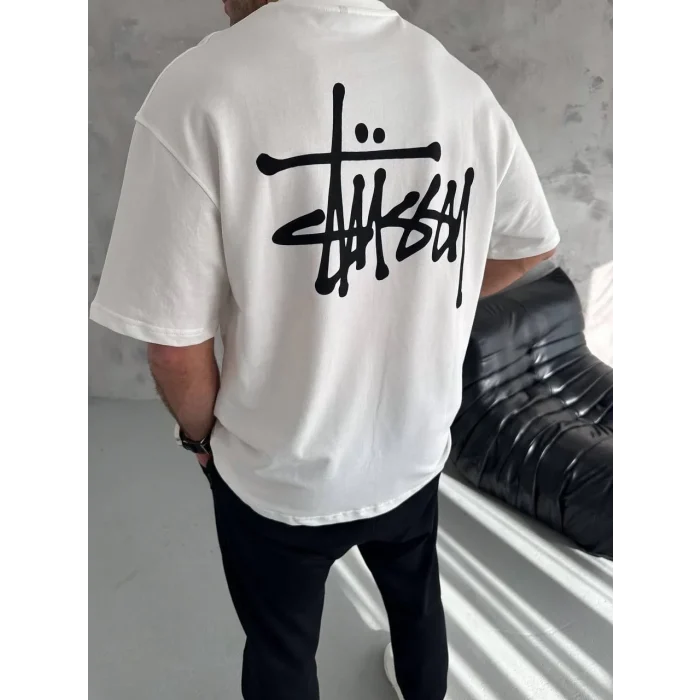 Luz&Pos Unisex Bisiklet Yaka Baskılı Oversize T-shirt - Beyaz