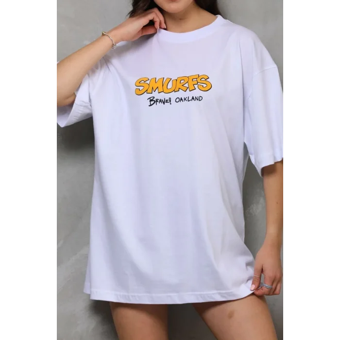 Luz&Pos Unisex Bisiklet Yaka Baskılı Oversize T-shirt - Beyaz