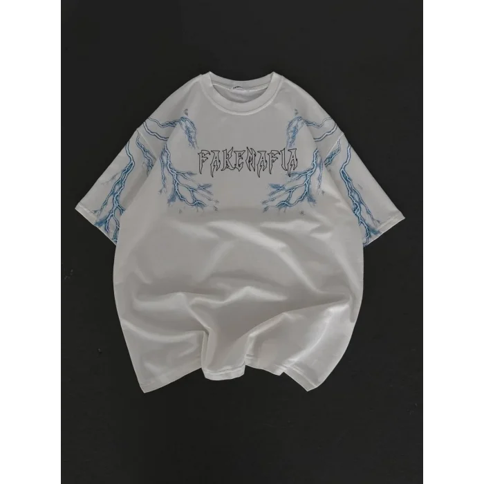 Luz&Pos Unisex Bisiklet Yaka Baskılı Oversize T-shirt - Beyaz