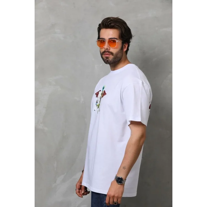 Luz&Pos Unisex Bisiklet Yaka Baskılı Oversize T-shirt - Beyaz