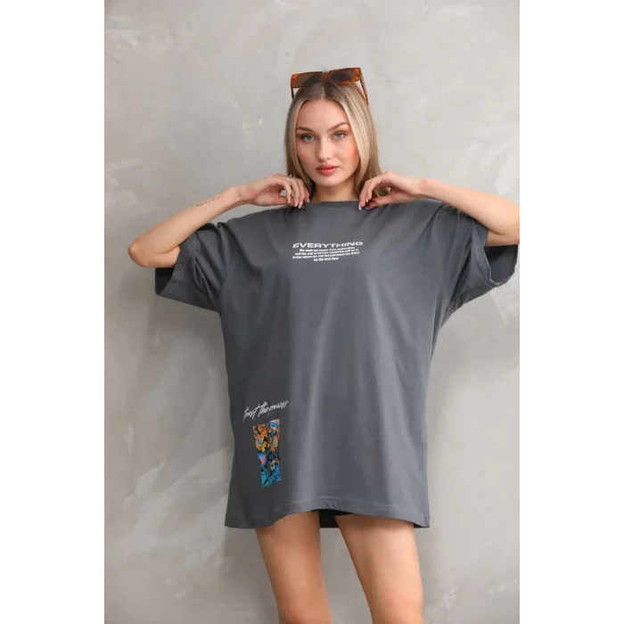 Luz&Pos Unisex Bisiklet Yaka Baskılı Oversize T-shirt - Gri