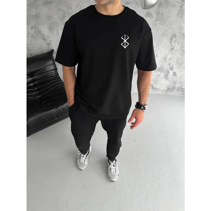 Luz&Pos Unisex Bisiklet Yaka Baskılı Oversize T-shirt - Siyah