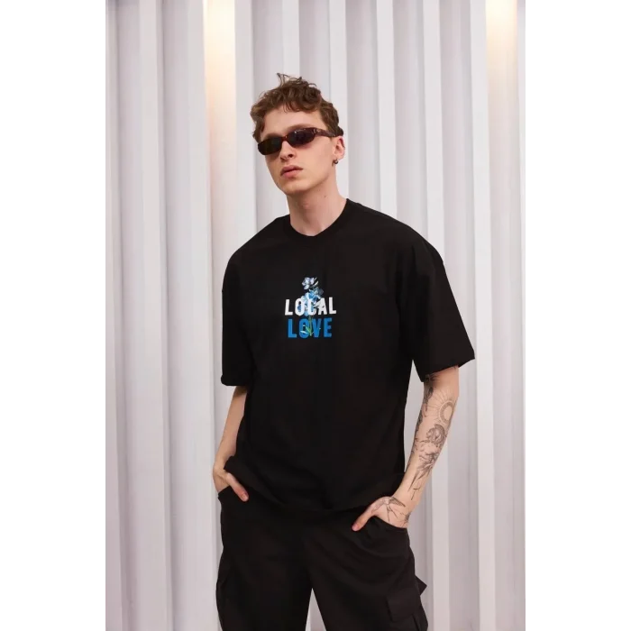 Luz&Pos Unisex Bisiklet Yaka Baskılı Oversize T-shirt - Siyah