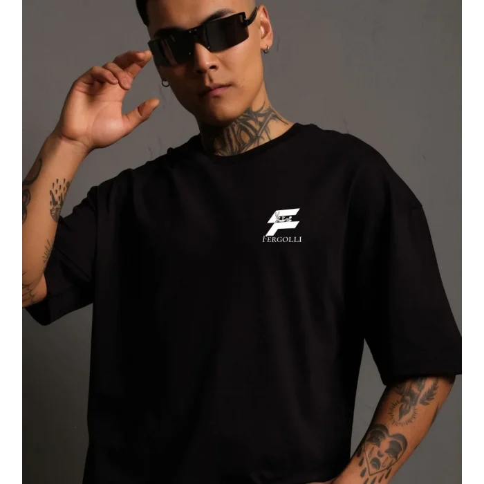 Luz&Pos Unisex Bisiklet Yaka Baskılı Oversize T-shirt - Siyah