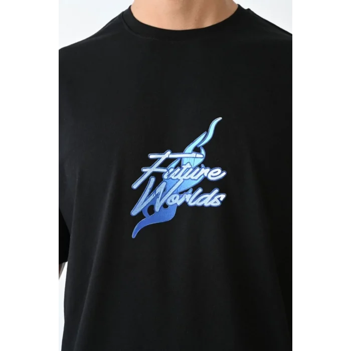 Luz&Pos Unisex Bisiklet Yaka Baskılı Oversize T-shirt - Siyah