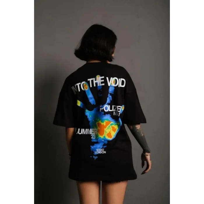 Luz&Pos Unisex Bisiklet Yaka Baskılı Oversize T-shirt - Siyah