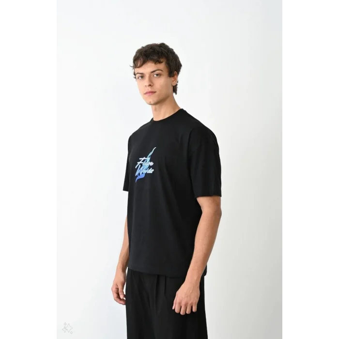 Luz&Pos Unisex Bisiklet Yaka Baskılı Oversize T-shirt - Siyah