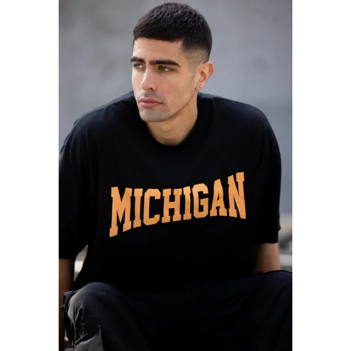 Luz&Pos Unisex Bisiklet Yaka Baskılı Oversize T-shirt - Siyah