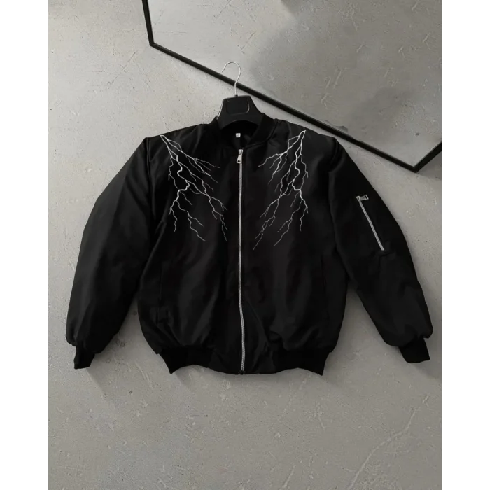 Luz&Pos Unisex Siyah Bomber Mont – Beyaz Şimşek Desenli, Fermuarlı Cepli, Kapitone Astarlı Sokak Stili Günlük Ceket - Siyah