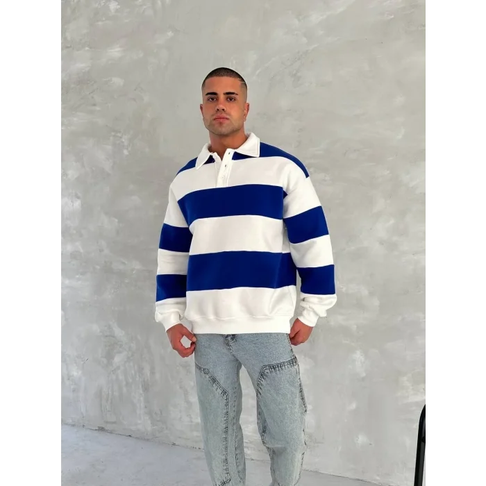 Luz&Pos Unisex Üç İplik Parçalı Yakalı Sweatshirt - Mavi