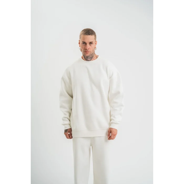 Luz&Pos Uzun Kol Bisiklet Yaka Basic Sweatshirt - Beyaz