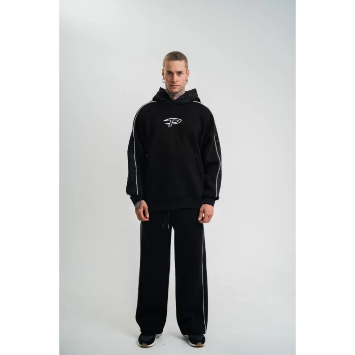 Luz&Pos Uzun Kol Kapşonlu Ara Biyeli Baggy Eşofman Takım - Siyah